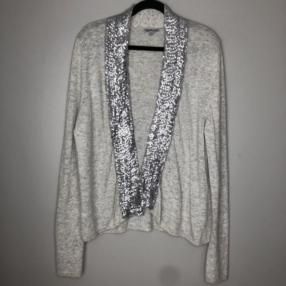 Charlotte Russe Women's XL Gray Rabbit Hair Wool Blend Sequin Trim Open Cardigan
